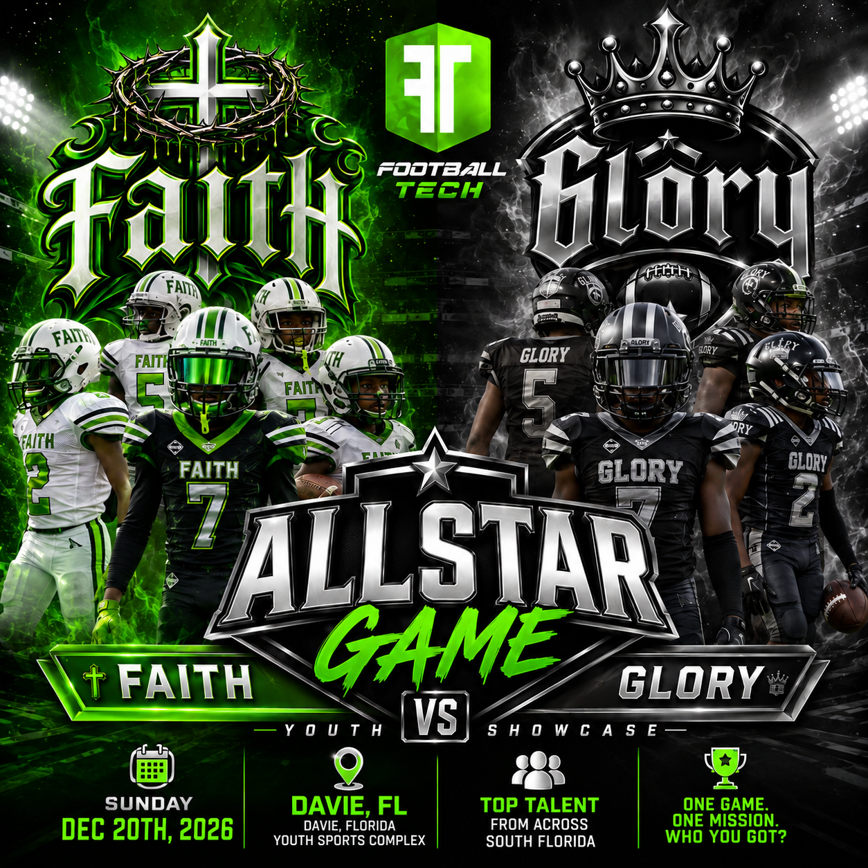 Football Tech All-Star Game Faith vs Glory flyer
